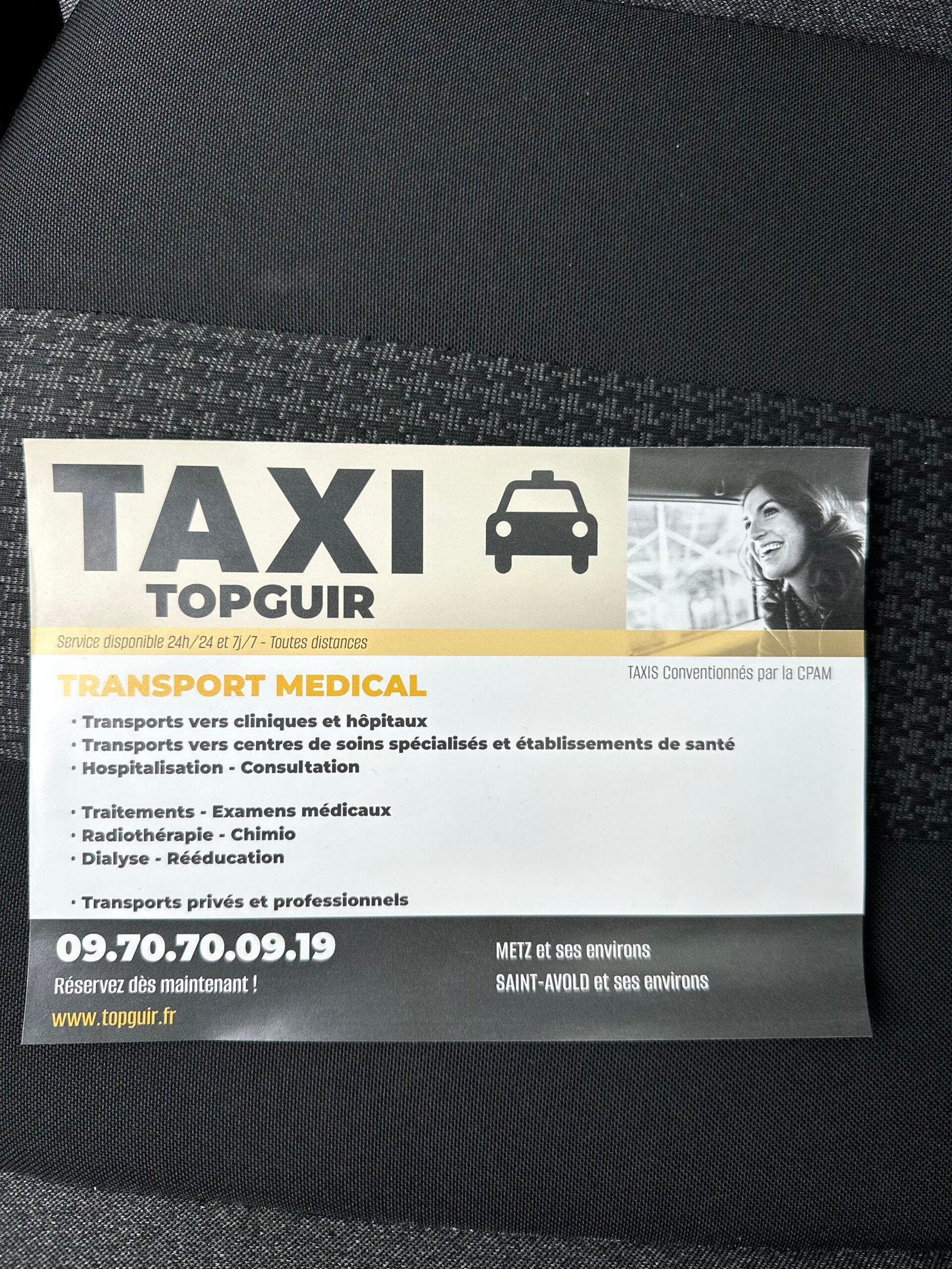 Flyer Taxi Topguir — transport médical conventionné CPAM, Metz et Saint-Avold